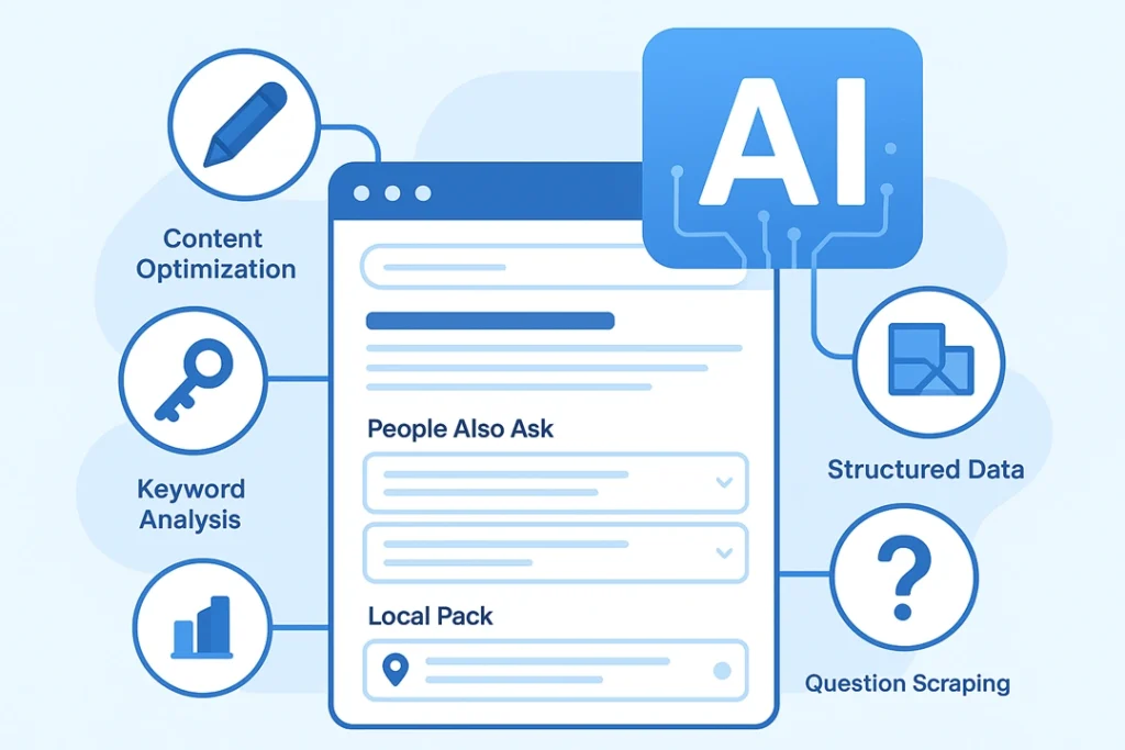 Illustration of AI-powered SEO tools enhancing visibility in SERPs with snippets, PAA, and structured data