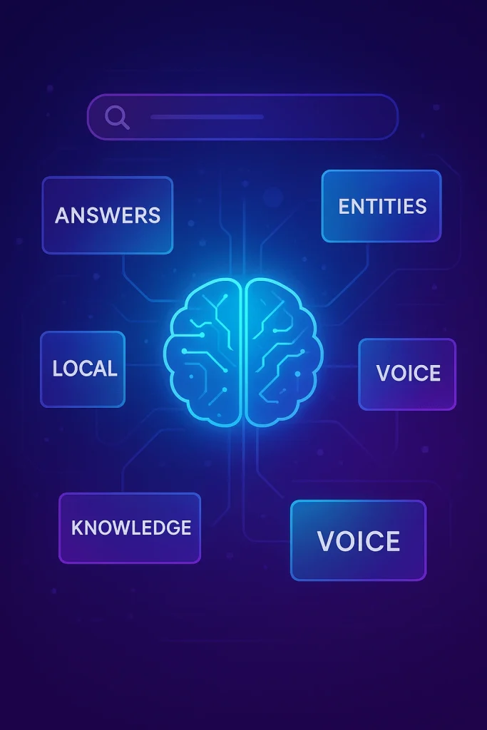 Conceptual AI-driven search interface with answer cards and entity knowledge nodes