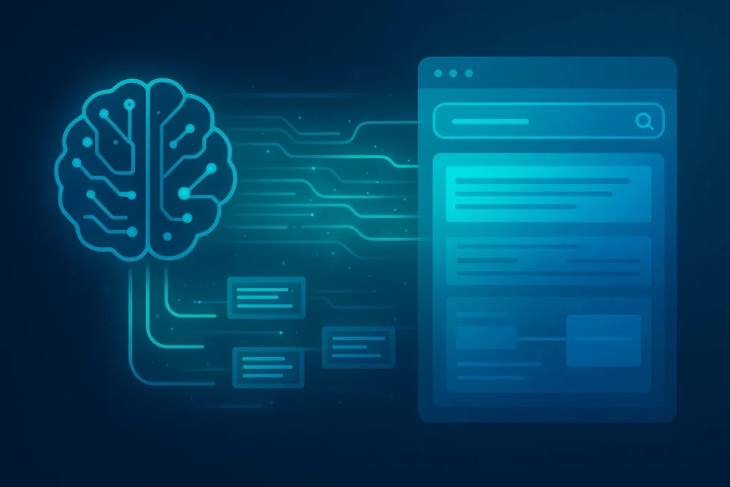 Illustration showing AI analyzing structured data from websites to generate zero-click search results on a SERP
