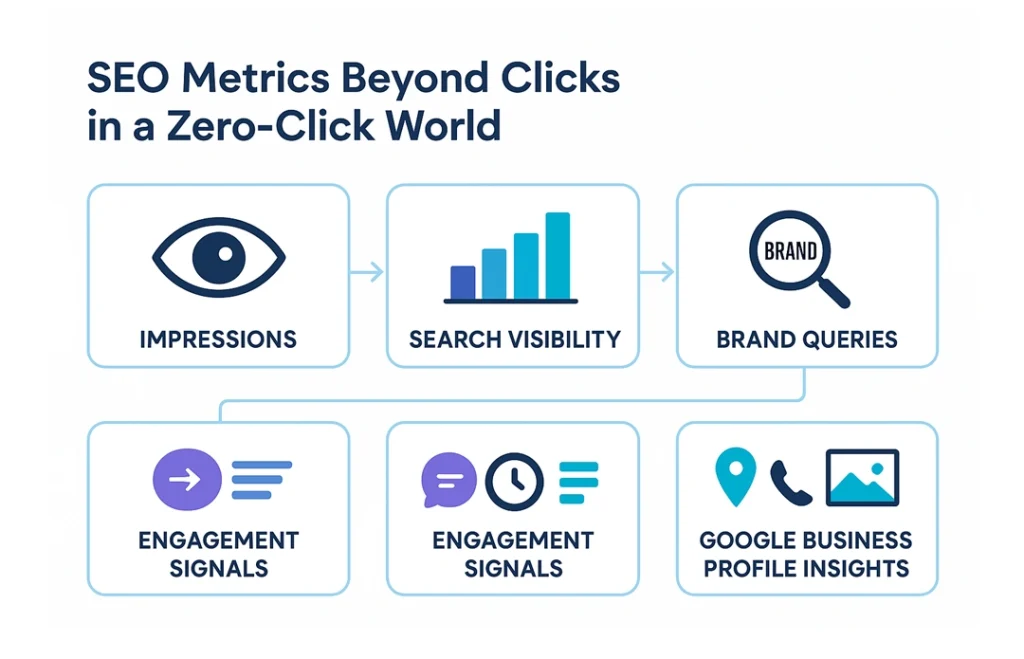 Infographic showing key metrics to track in a zero-click SEO environment, including impressions, search visibility, brand queries, engagement, and Google Business Profile insights