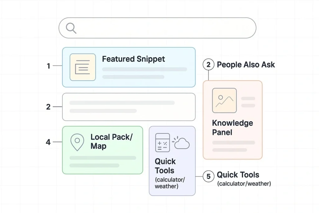 Diagram of Google search results showing featured snippets, knowledge panel, and other zero-click elements