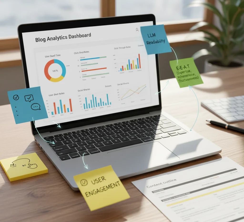 Laptop displaying blog analytics and SEO metrics