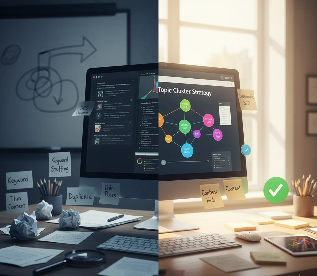 Split-screen comparing outdated and modern SEO strategies