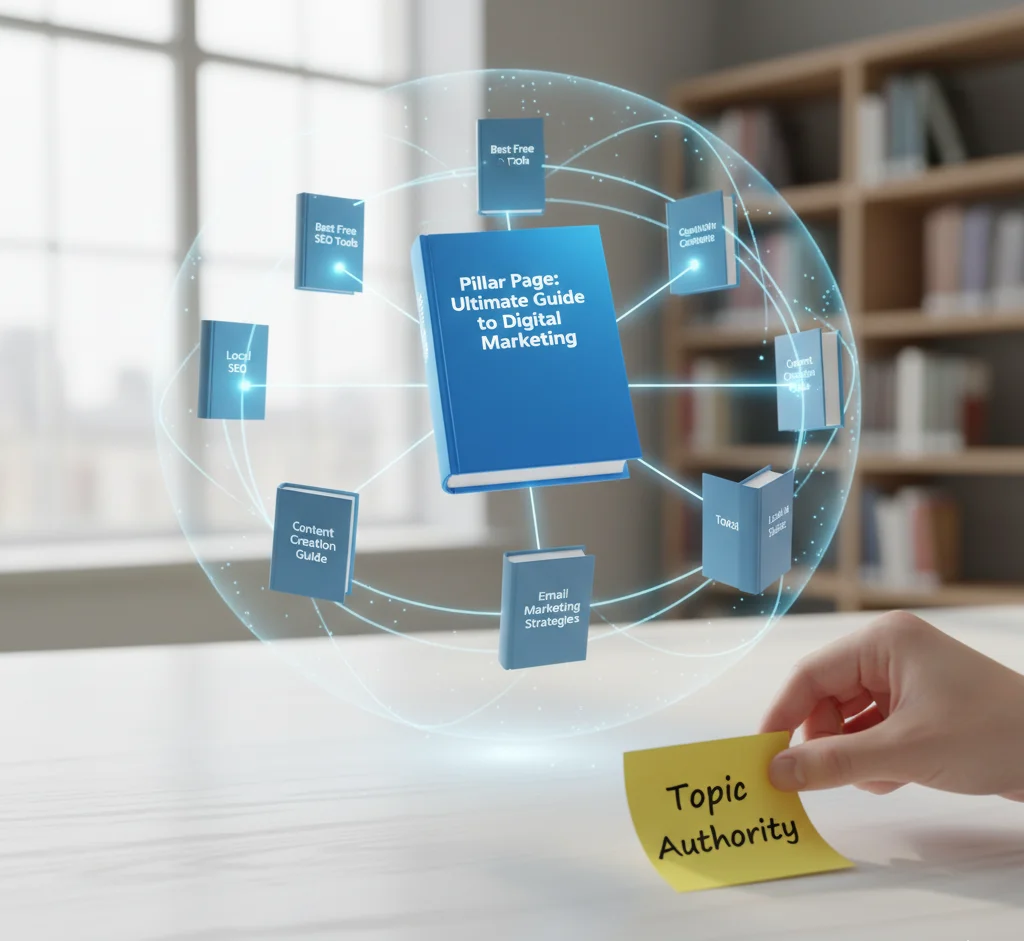 Central pillar page connected to cluster content explaining semantic SEO