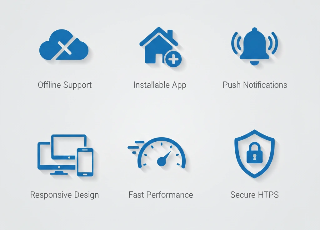 Key features of PWAs: offline, installable, push notifications, and performance.