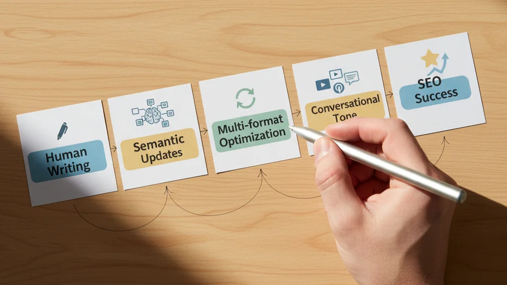 Hand drawing SEO optimization workflow on cards