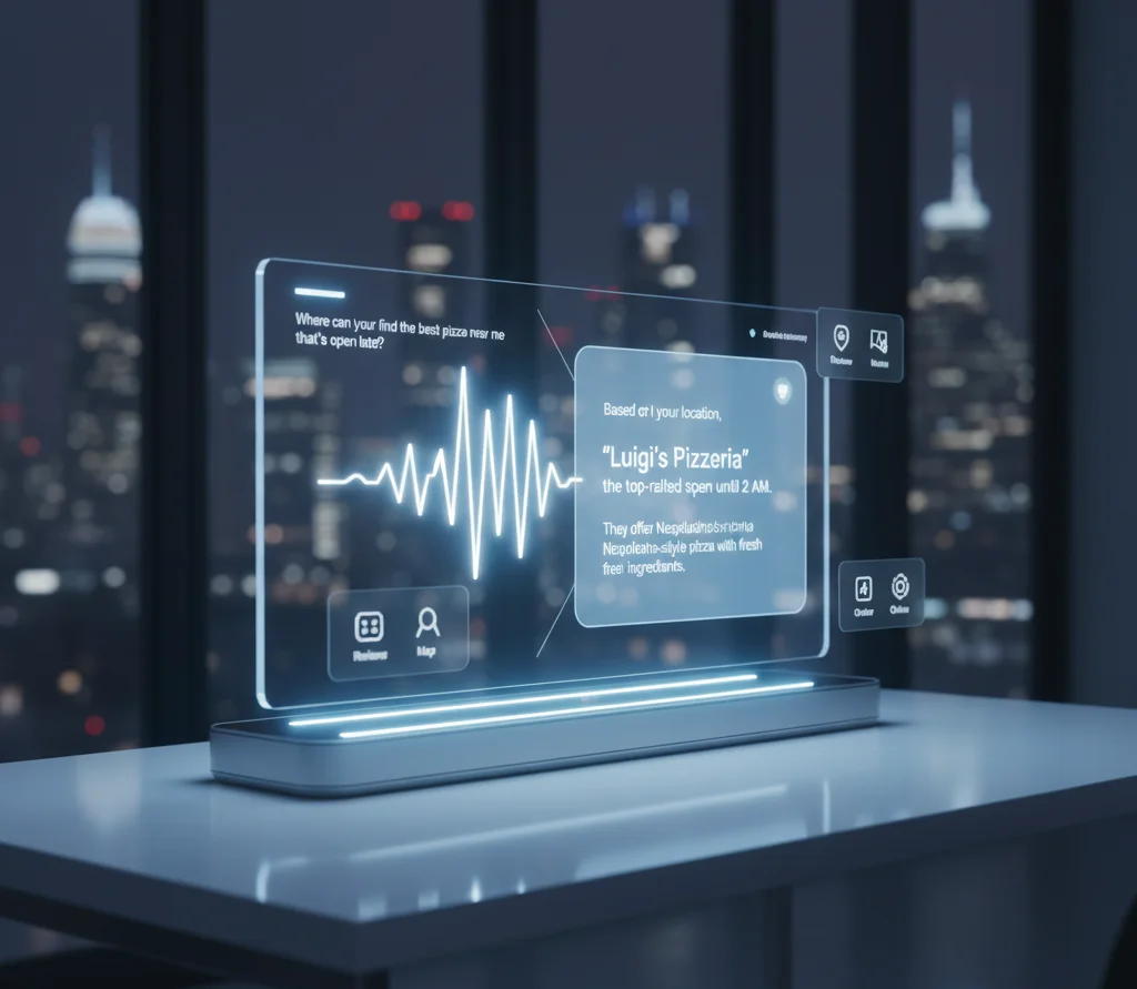 Futuristic screen showing voice search results
