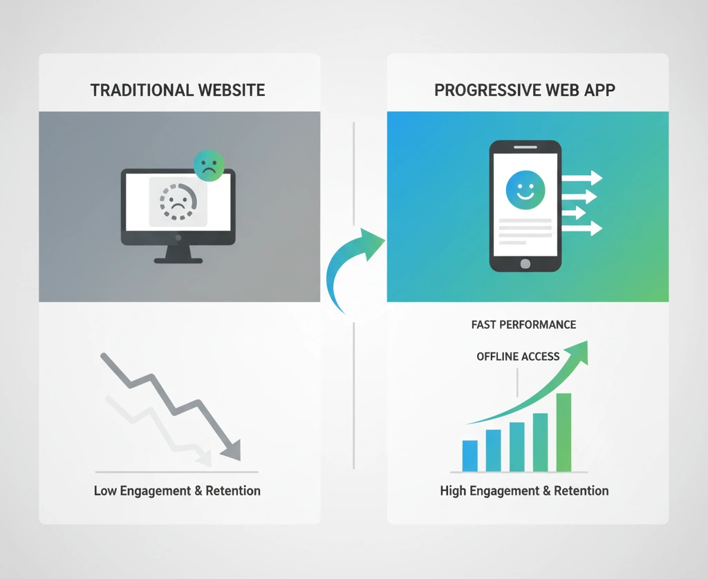 Comparison of traditional websites and PWAs showing better engagement and offline access
