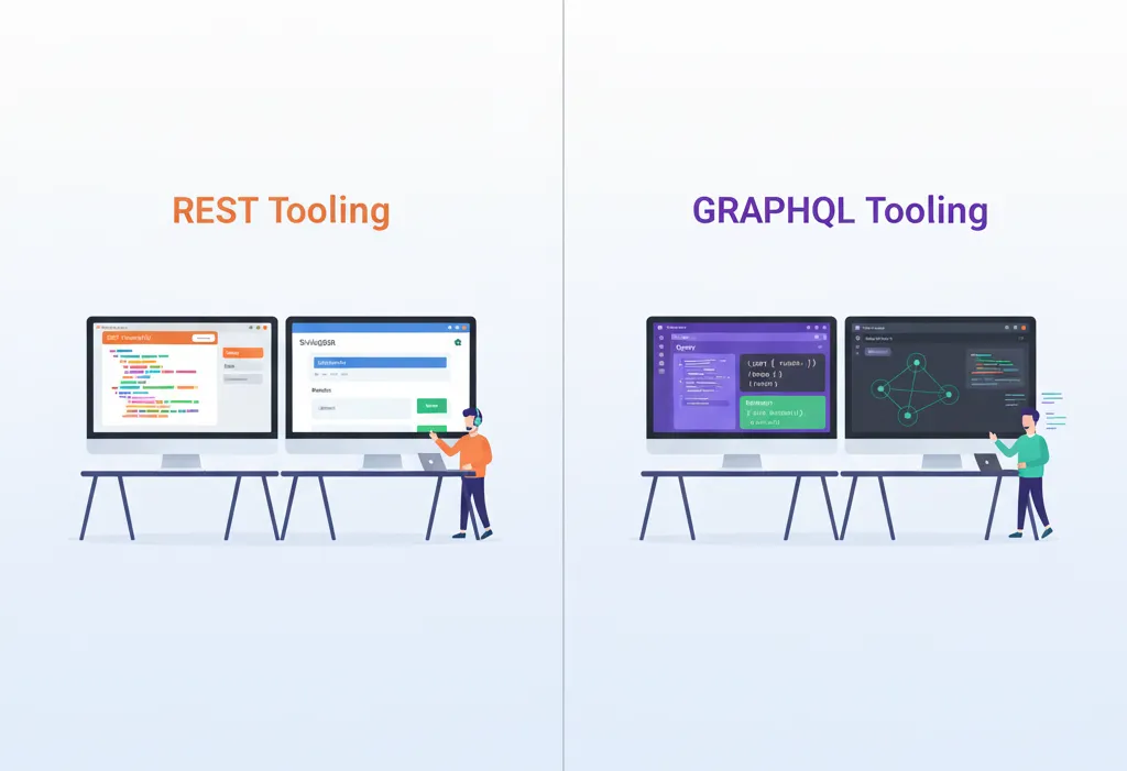 REST vs. GraphQL tooling comparison with two monitors