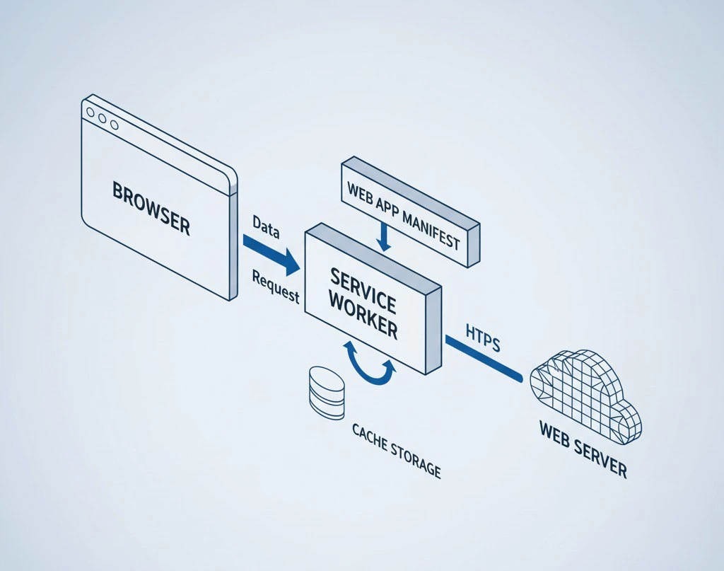 Browser and service worker handling data requests with cache and web server