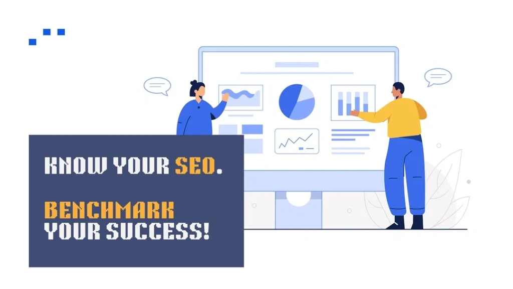 Illustration of SEO benchmarking process showing website analytics, keyword rankings, and competitor comparison for business growth