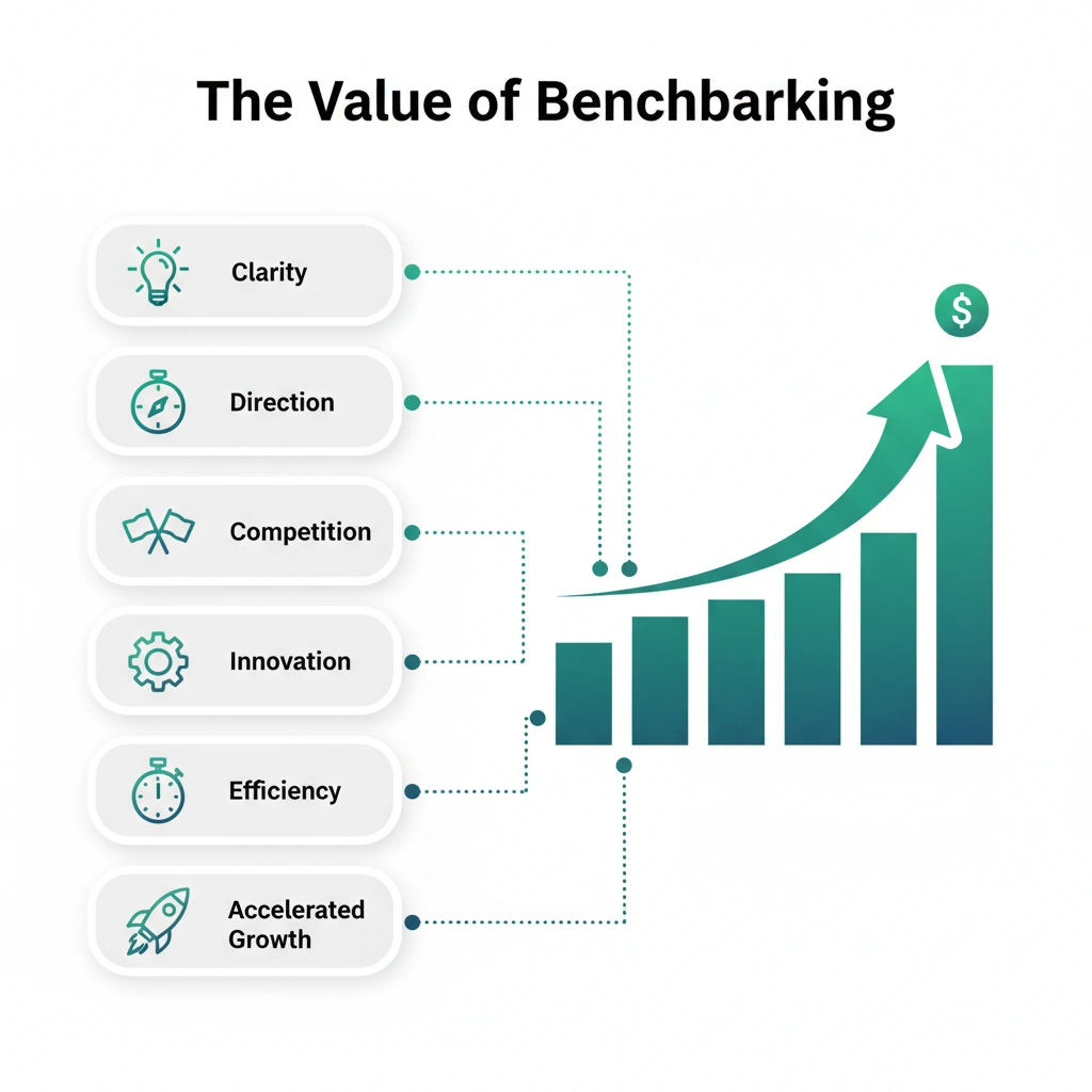 Infographic showing the value of SEO benchmarking with key benefits such as clarity, direction, competition, innovation, efficiency, and accelerated growth.