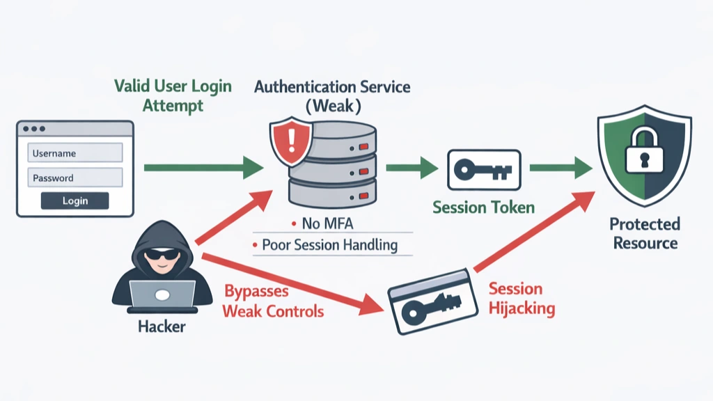 Diagram illustrating authentication failures where missing MFA and poor session handling allow session hijacking and unauthorized access to protected resources.