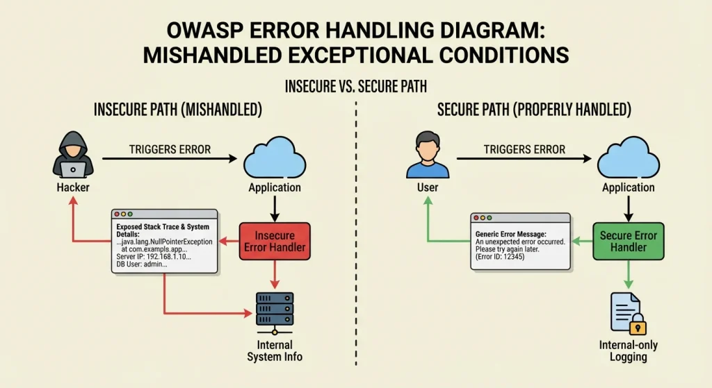 Diagram comparing insecure error handling that exposes stack traces and system details to attackers with secure error handling that returns generic messages and logs details internally.
