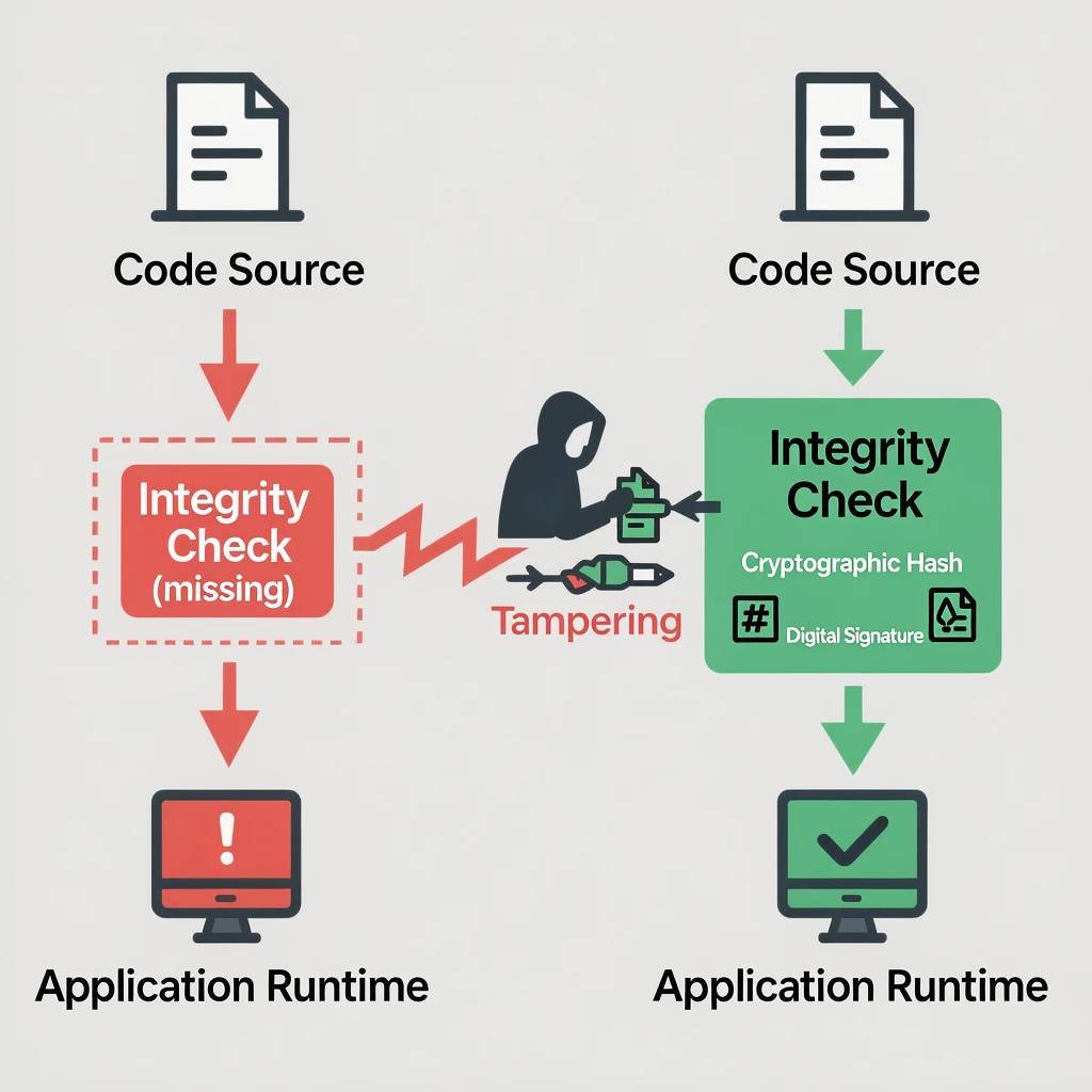 Diagram comparing missing integrity checks that allow code tampering with proper cryptographic hash and digital signature verification protecting application runtime.