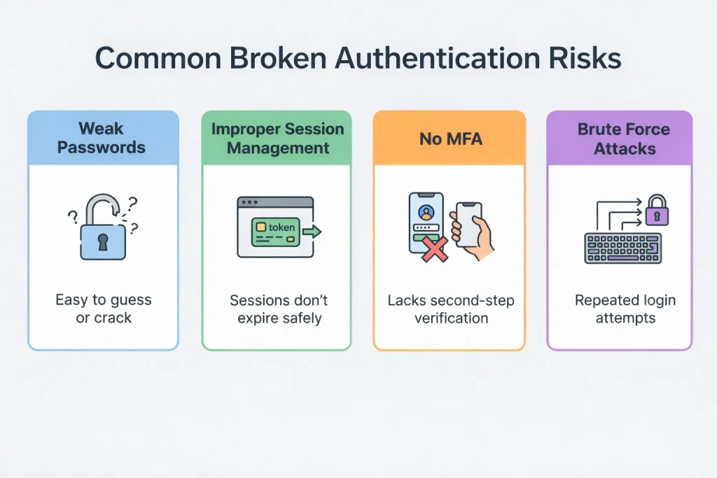 Graphic showing weak passwords, improper session management, no MFA, and brute-force attacks.