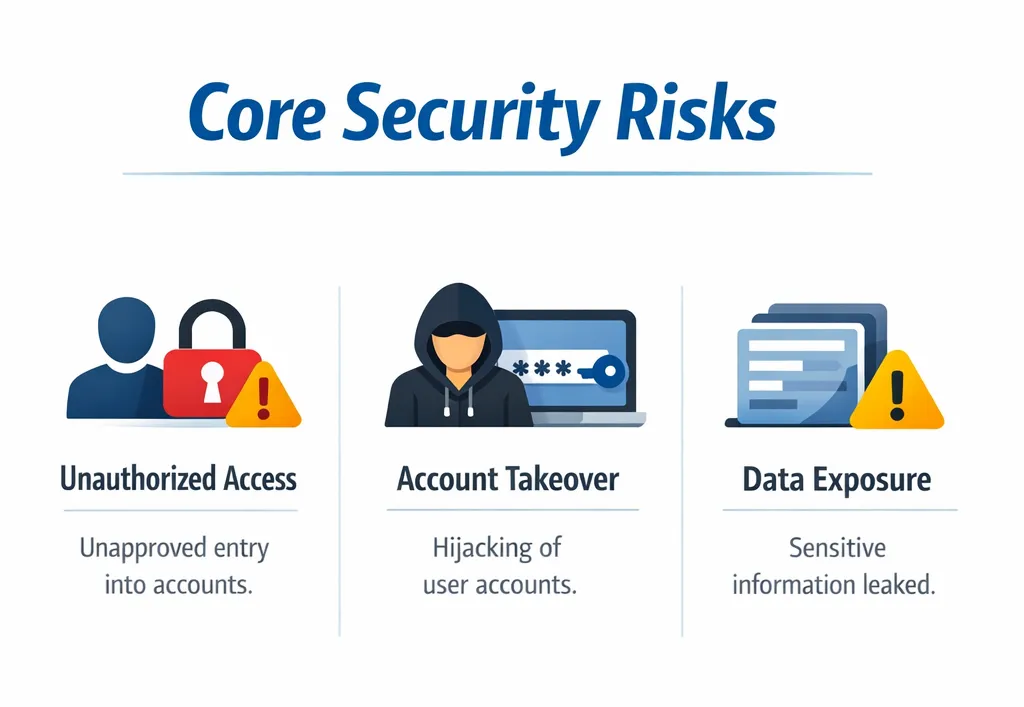 Graphic showing Broken Authentication leading to unauthorized access, account takeover, and data exposure.