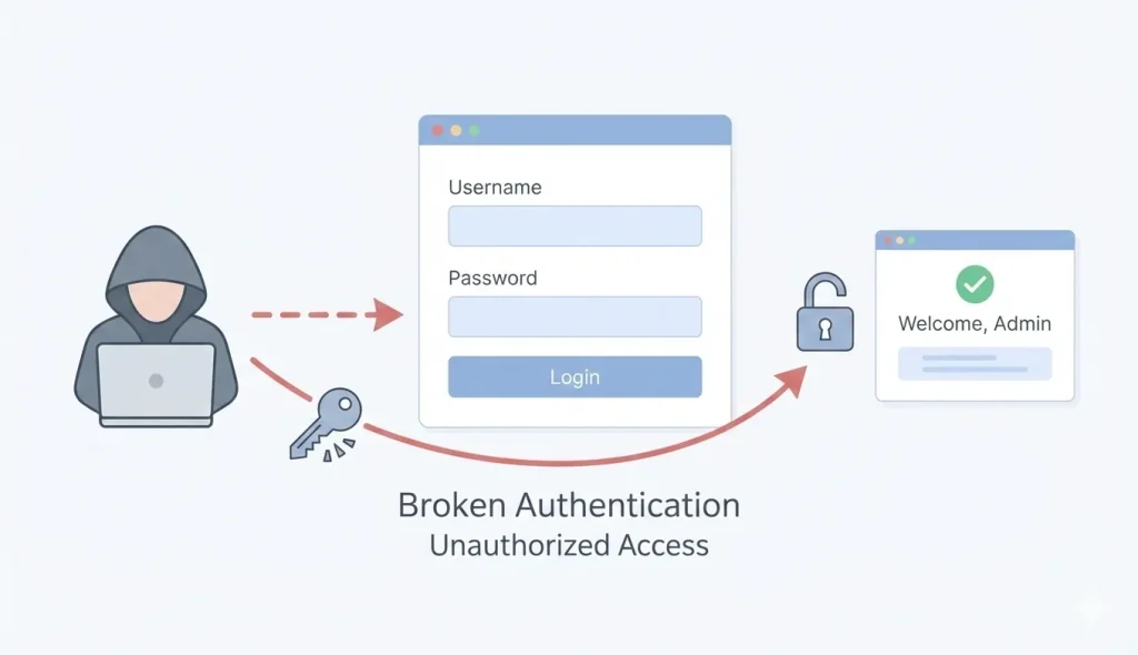 Graphic showing attacker gaining unauthorized access due to broken authentication.