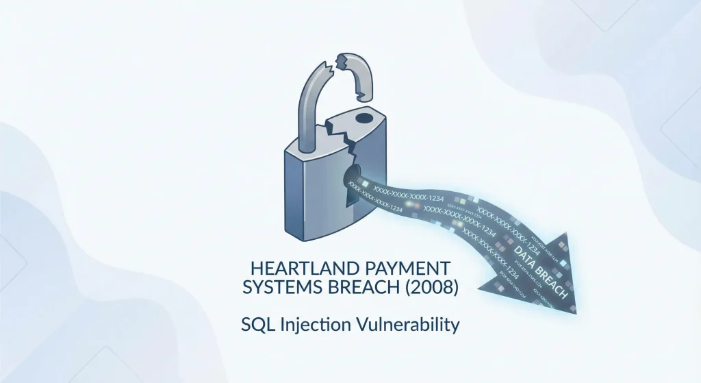 Visual showing Heartland Payment Systems breach caused by SQL injection.