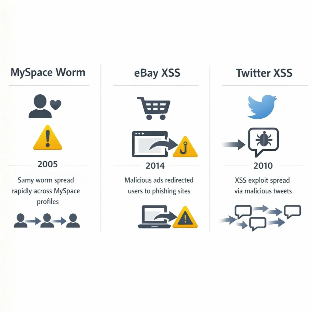 Graphic showing MySpace worm (2005), eBay XSS (2014), and Twitter XSS (2010) incidents.