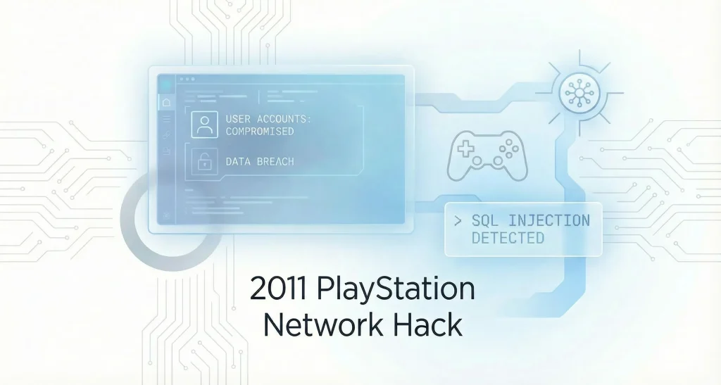 Visual showing 2011 PlayStation Network hack due to SQL injection.