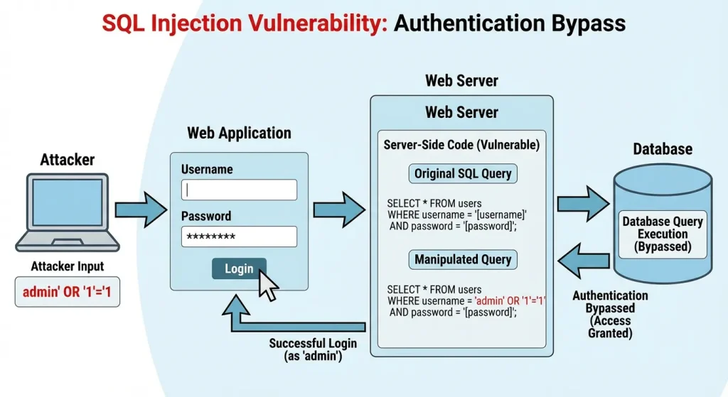 Illustration of SQL Injection bypassing login authentication