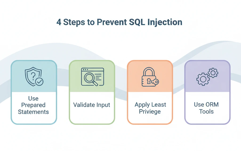 Graphic showing four steps to prevent SQL injection.