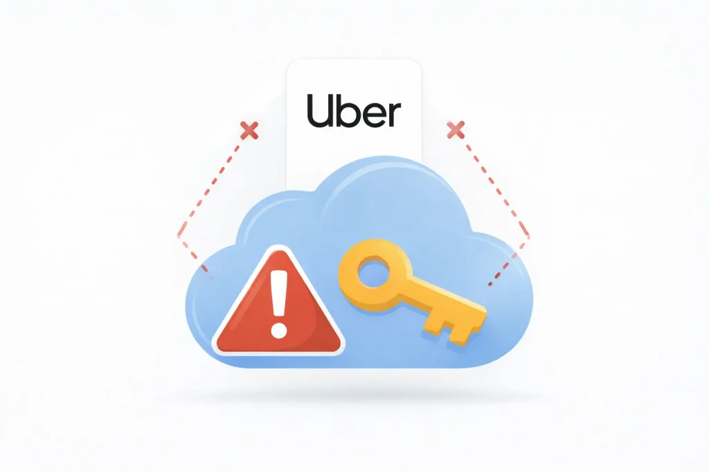 Graphic showing Uber cloud security warning with alert icon and key symbol.