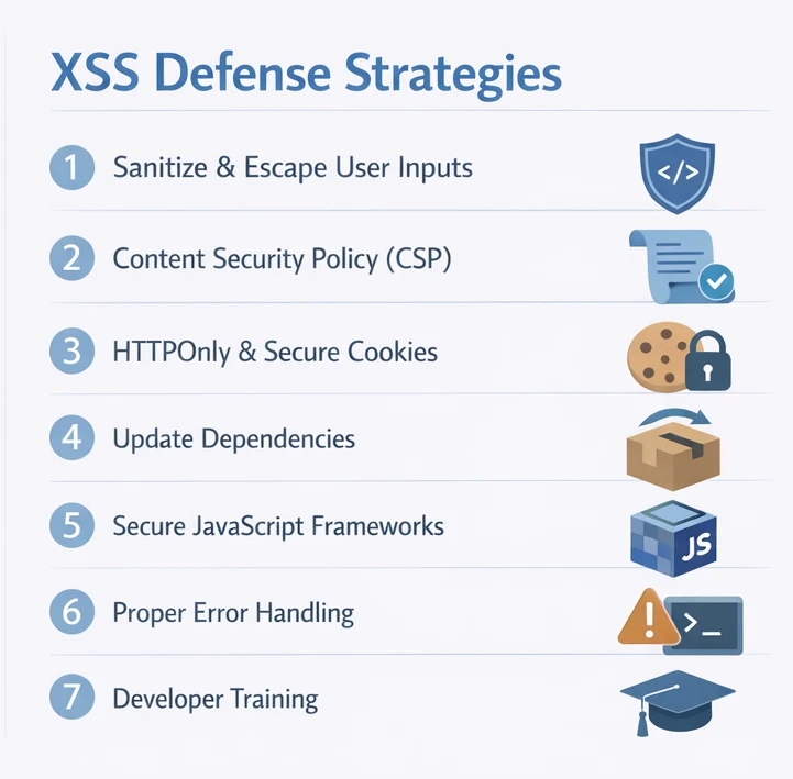 Graphic listing strategies to defend against XSS attacks.