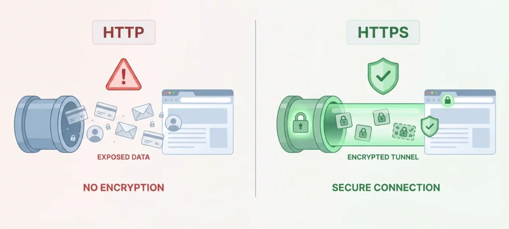 Side-by-side illustration comparing HTTP and HTTPS in web applications, showing exposed unencrypted traffic versus encrypted secure connections.