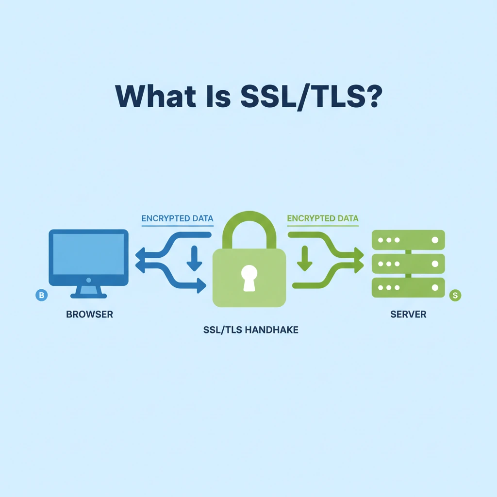 Diagram explaining how SSL/TLS encrypts data between a browser and server in web applications, showing encrypted data flow and the SSL/TLS handshake.