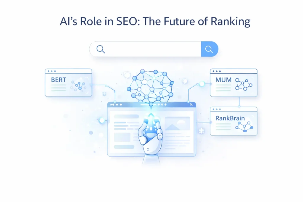 Illustration showing AI's role in SEO, featuring BERT, MUM, and RankBrain with a search bar and neural network.