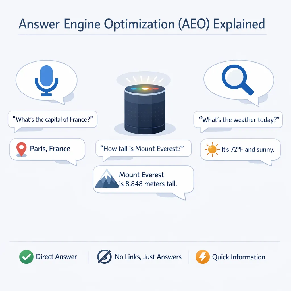 Illustration explaining Answer Engine Optimization (AEO) with a voice search, smart speaker, and direct answers like location, height, and weather.