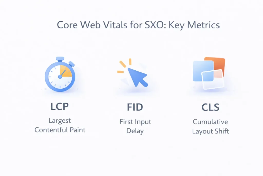 Illustration showing Core Web Vitals for SXO: LCP (Largest Contentful Paint), FID (First Input Delay), and CLS (Cumulative Layout Shift) with related icons.