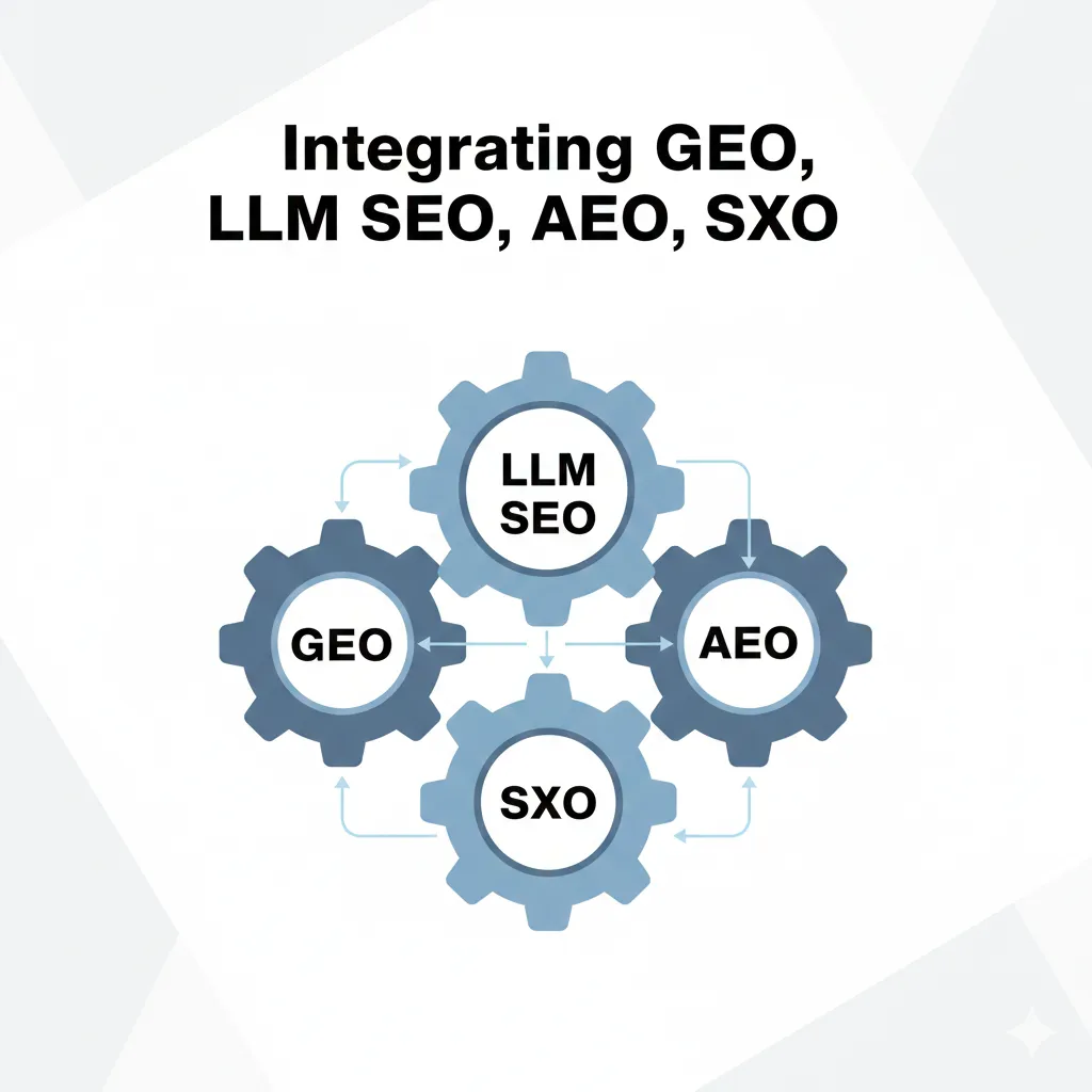 Illustration of interconnected gears showing the integration of GEO, LLM SEO, AEO, and SXO.