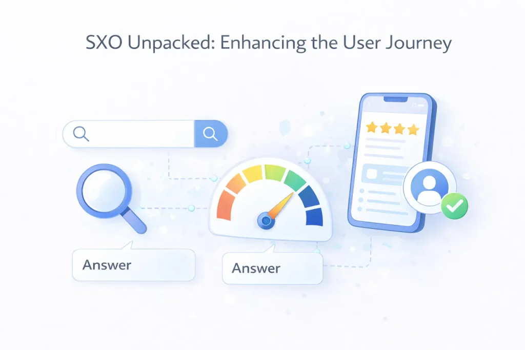 Illustration depicting SXO (Search Experience Optimization) with a search bar, a speedometer, and a mobile device with user reviews.