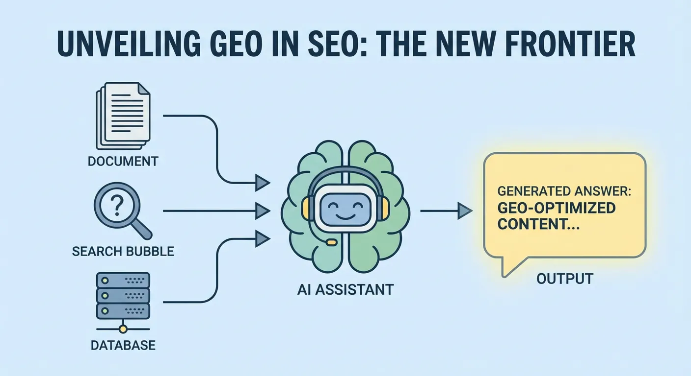 Illustration depicting the process of generating geo-optimized content through an AI assistant, with inputs from documents, search bubbles, and databases leading to the output of geo-optimized content.