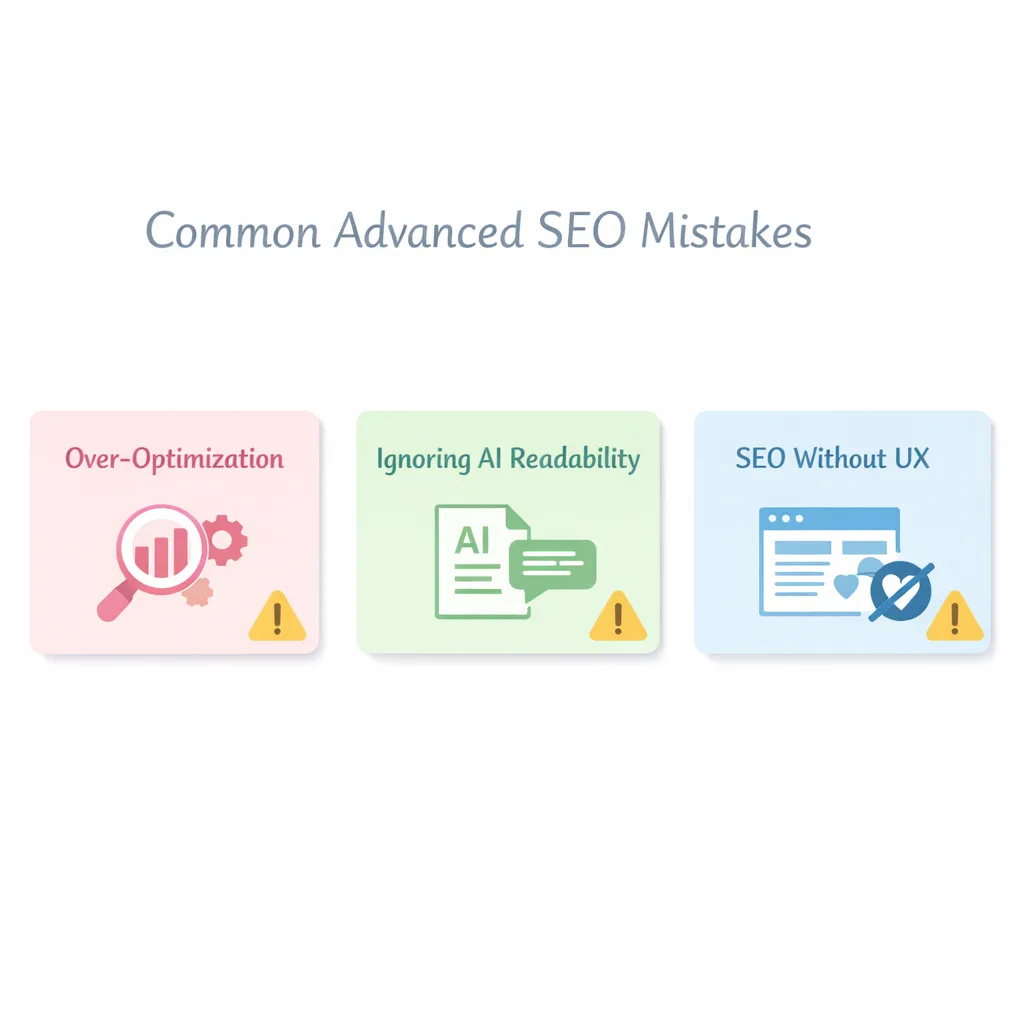 Common advanced SEO mistakes including over-optimization, ignoring AI readability, and SEO without UX.