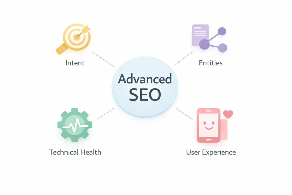 Advanced SEO overview showing four core components: intent, entities, technical health, and user experience.