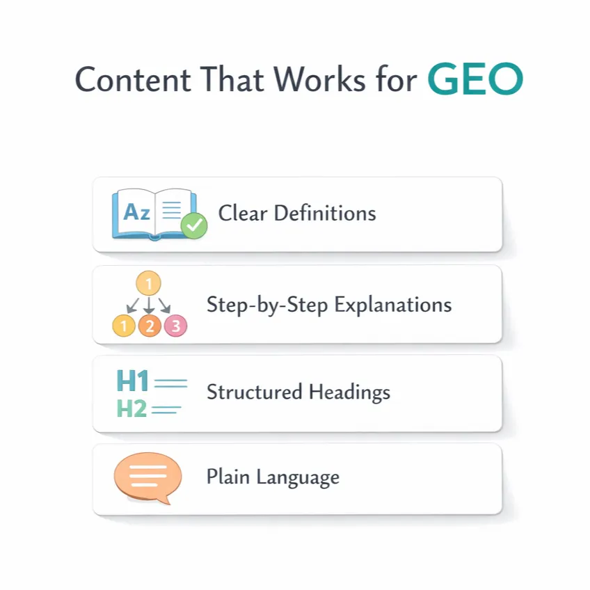 Graphic listing GEO-friendly content elements like clear definitions, structured headings, and plain language.