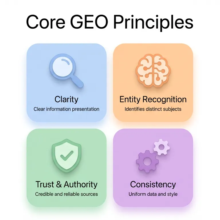 Graphic highlighting core GEO principles: clarity, entity recognition, trust, and consistency.