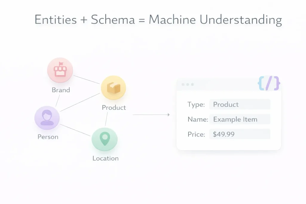 Entity SEO illustration showing how schema connects brand, product, person, and location for machine understanding.