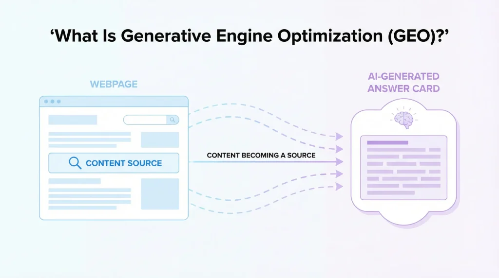 Diagram showing web content becoming a source for AI-generated answer cards, explaining how geo works.