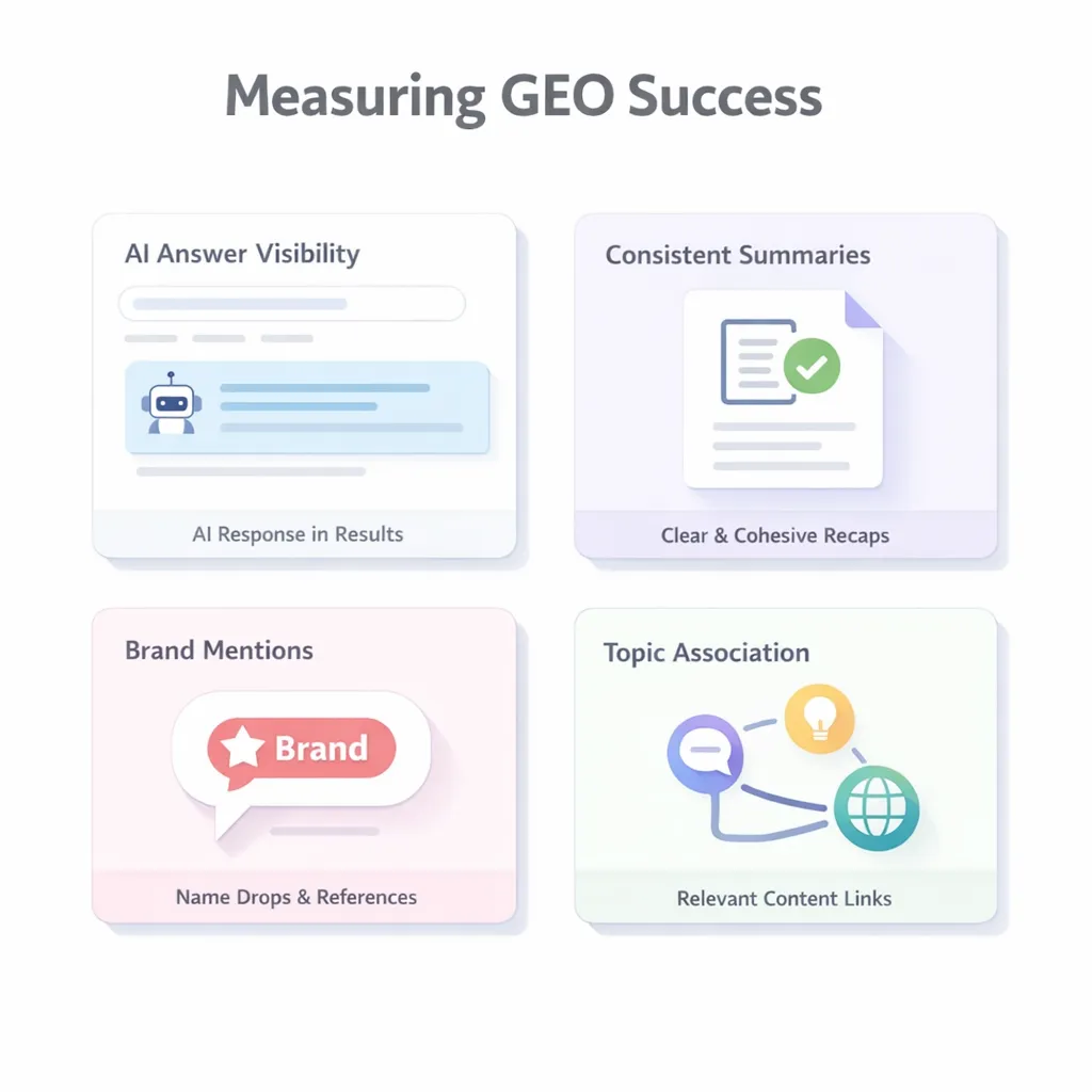 Illustration showing GEO success metrics like AI visibility, summaries, brand mentions, and topic links.