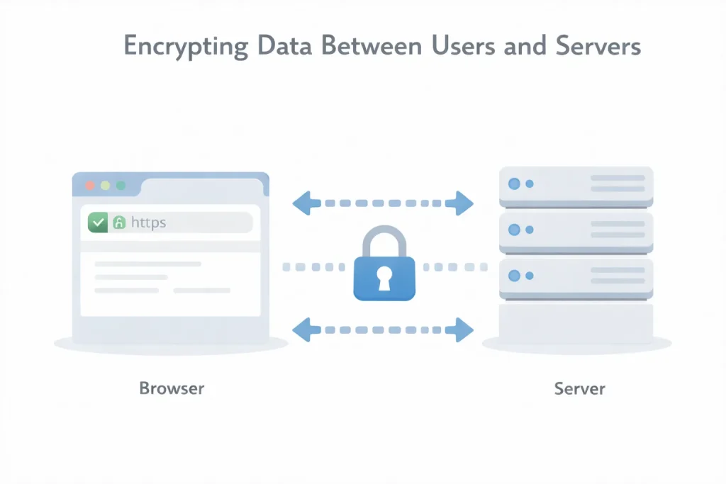 Secure Web Application Protocols showing HTTPS encryption between browser and server
