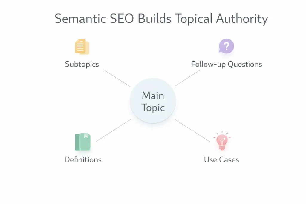 Semantic SEO diagram showing how subtopics, definitions, follow-up questions, and use cases build topical authority.