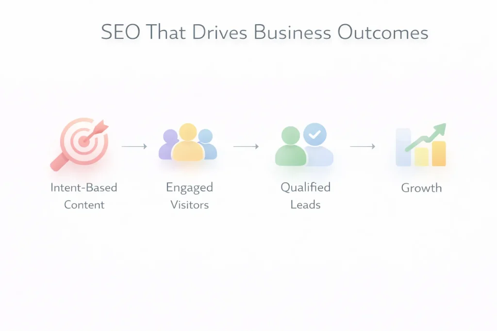 Advanced SEO process showing intent-based content leading to engaged visitors, qualified leads, and business growth.