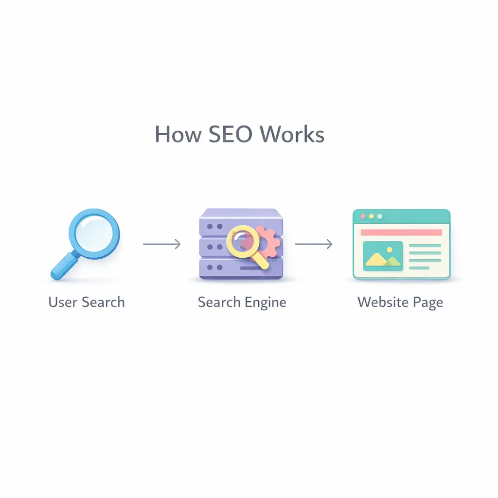 Diagram showing how SEO works from user search to search engine to website page.