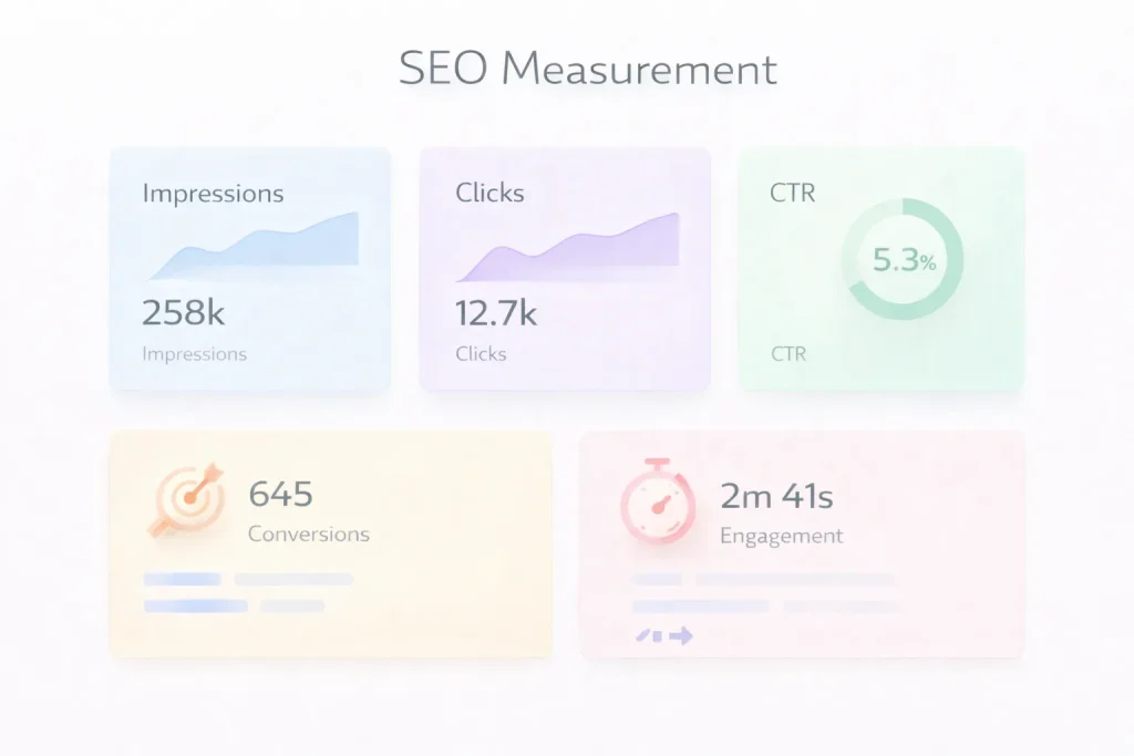 SEO terminology measurement dashboard showing impressions, clicks, CTR, conversions, and engagement.