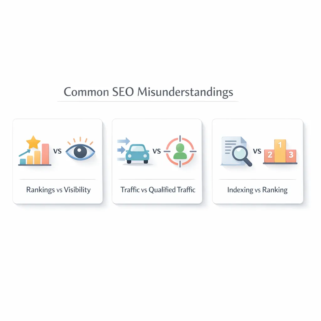 Common SEO misunderstandings showing rankings vs visibility, traffic vs qualified traffic, and indexing vs ranking.